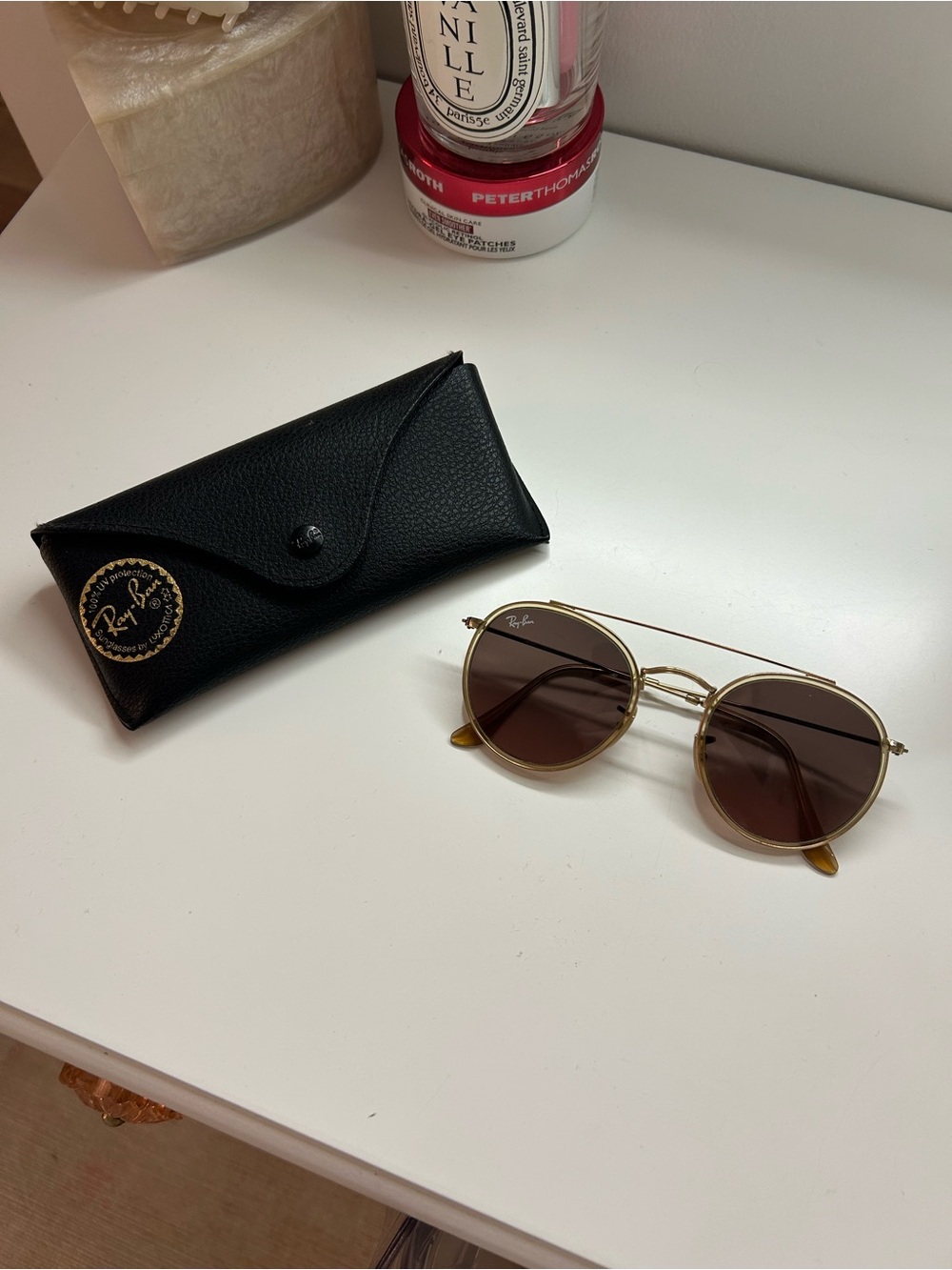 Ray-Ban Gold Frame Round Sunglasses with Brown Lenses
